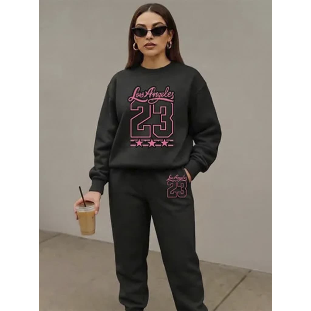 Conjunto Moletom Careca Feminino Los Angeles 23 Blusa De Frio + Calça Moletom Estampados Unissex Outono/Inverno