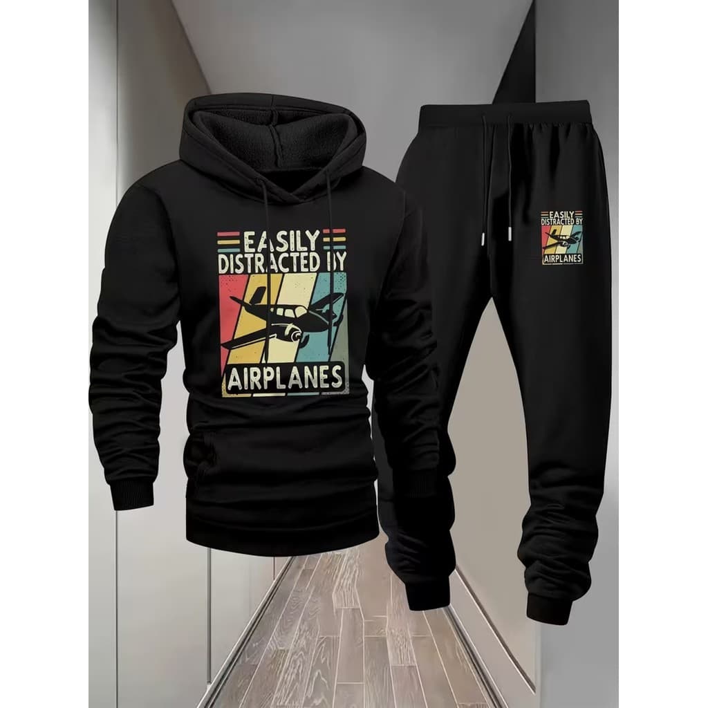Conjunto Moletom Canguru Masculino Avião Blusa De Frio + Calça Moletom Estampados Unissex Outono/Inverno