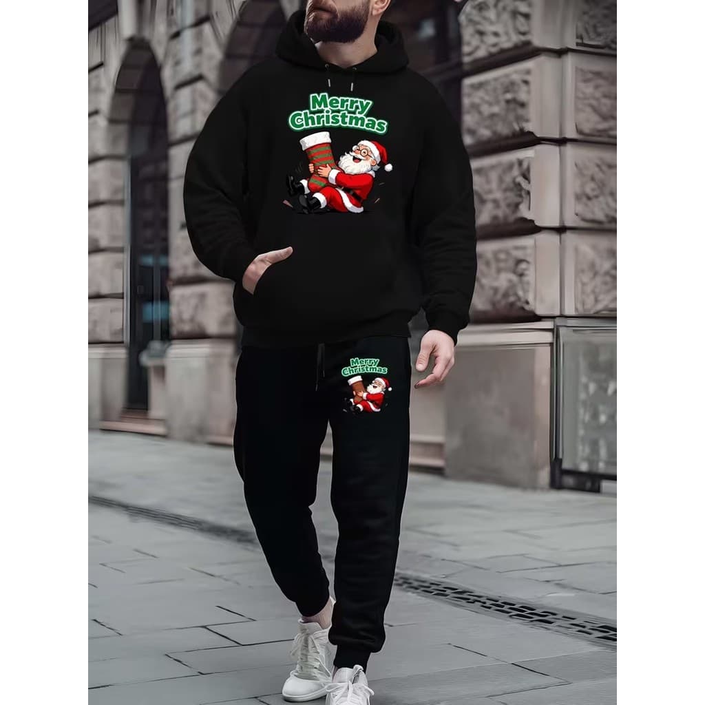Conjunto Moletom Canguru Masculino Velhinho Noel Blusa De Frio + Calça Moletom Estampados Unissex Outono/Inverno