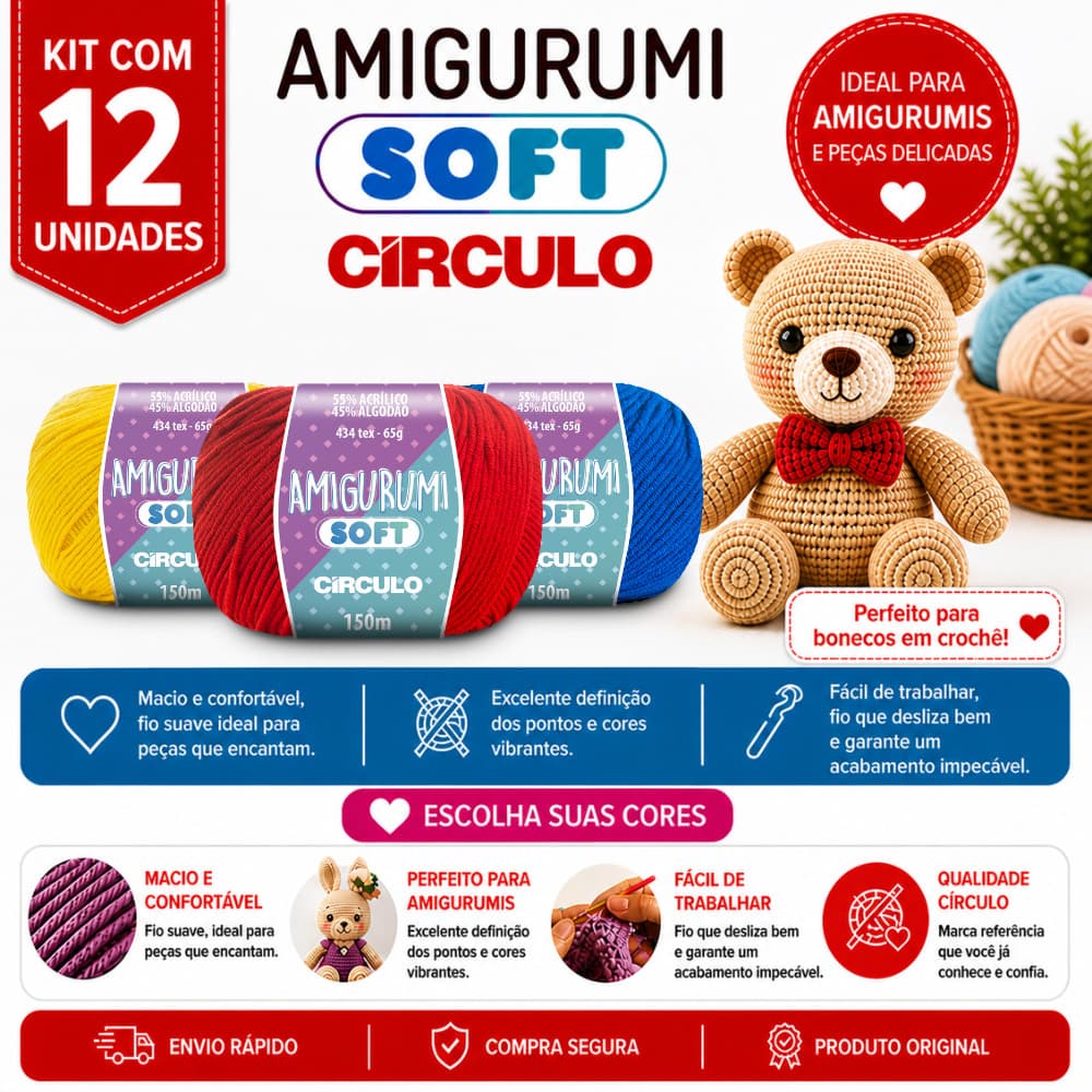 Kit 12 Linha Amigurumi Soft Círculo 150m Fio para Crochê e Amigurumi