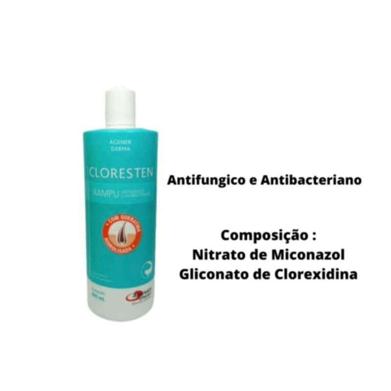 Shampoo Cloresten Agener União 500ml - Antifúngico e Antibacteriano para Cães e Gatos