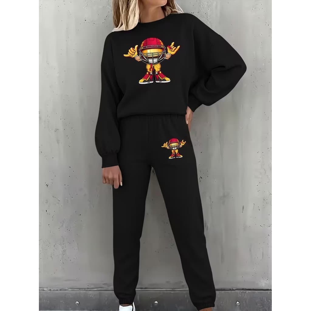 Conjunto Moletom Careca Feminino Pato De Capacete Blusa De Frio + Calça Moletom Estampados Unissex Outono/Inverno