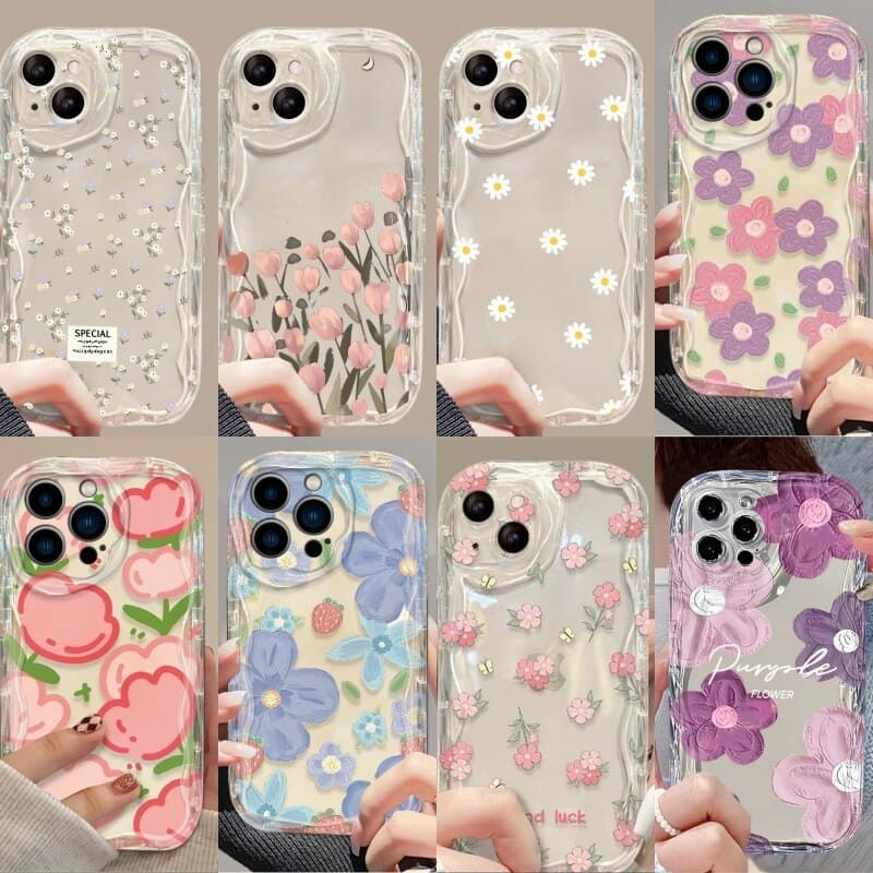 Capa Para Celular Samsung Galaxy A57 A37 A17 A07 A16 5G Linda Flor Floral Planta Moda Transparente Creme Borda Ondulada 