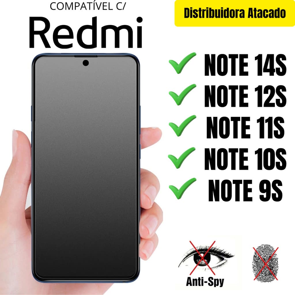 Película Cerâmica Privacidade Fosca 3D P/ Redmi Note 14S / 12S / 11S / 10S / 9S Matte AntiSpy