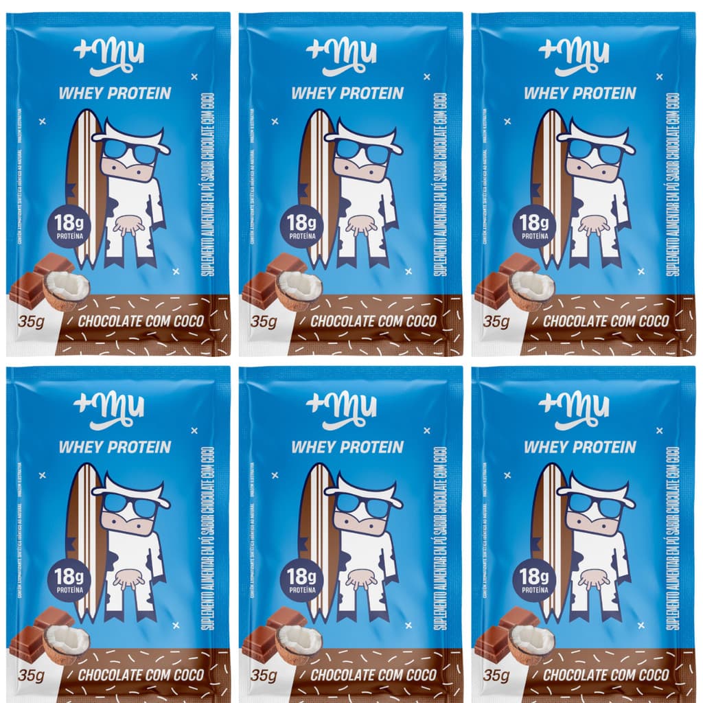 KIT 6 WHEY PROTEIN CONCENTRADO SACHE CHOCOLATE C COCO 20G PROTEINA 37G +MU