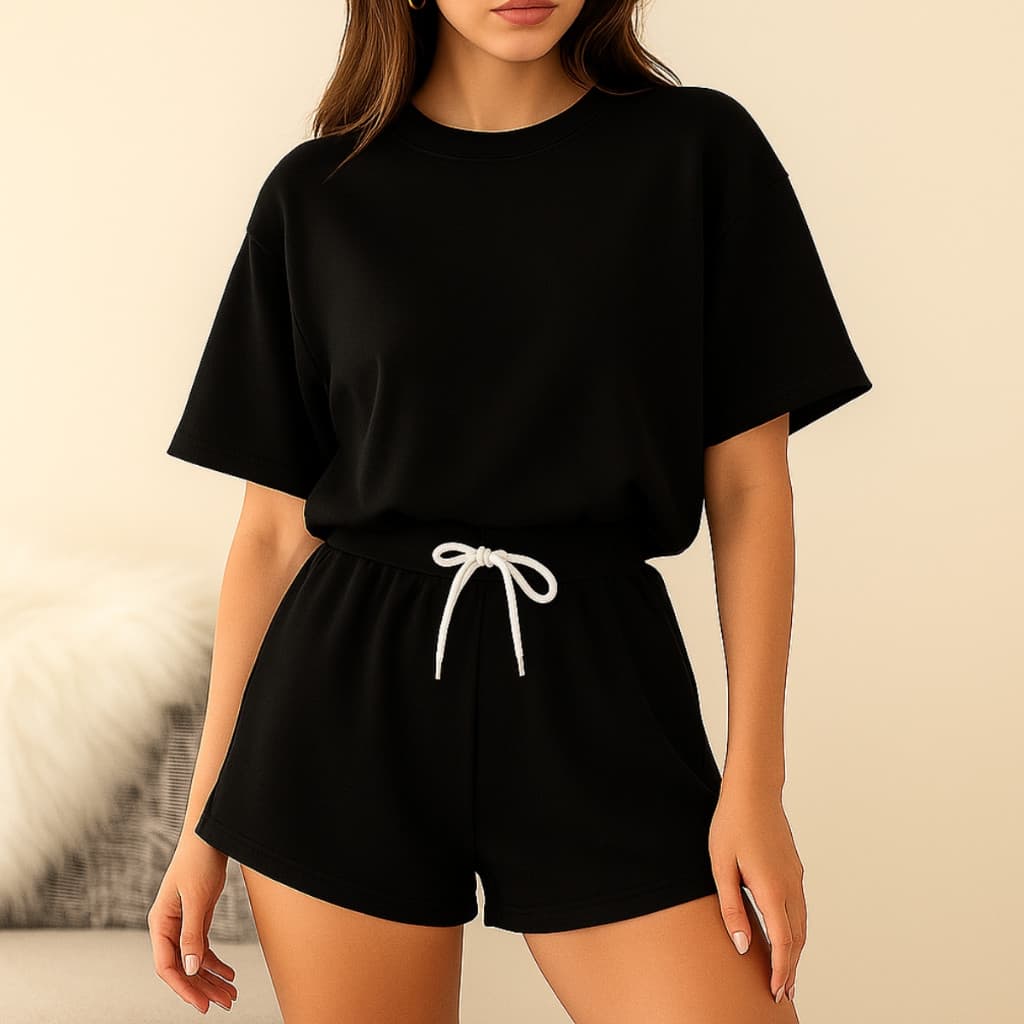 Conjunto Feminino Streetwear Casual Soltinho Liso Algodão e Moletom Ajustável Tendência Verão