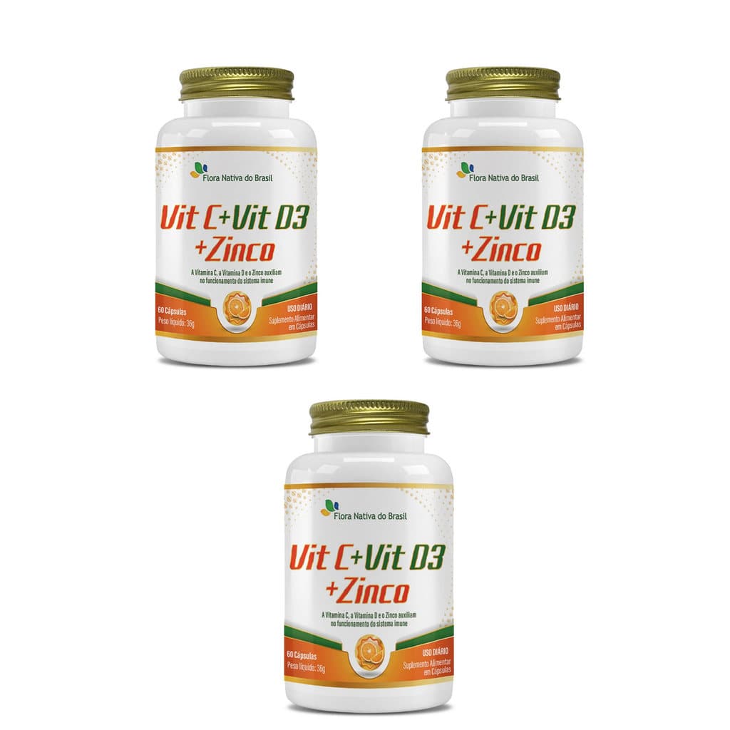 Kit 3 Vitamina C + Vitamina D3 + Zinco 3x60 cps Flora Nativa