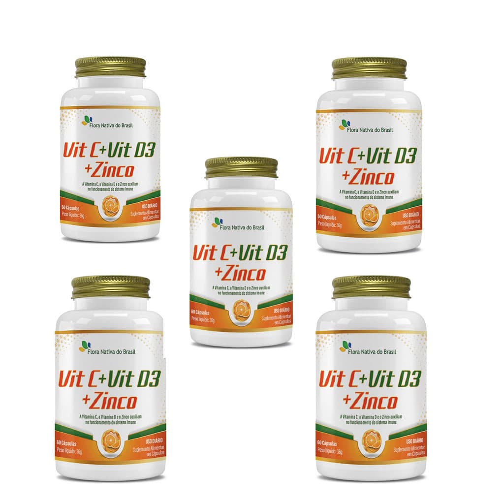 Kit 5 Vitamina C + Vitamina D3 + Zinco 5x60 cps Flora Nativa