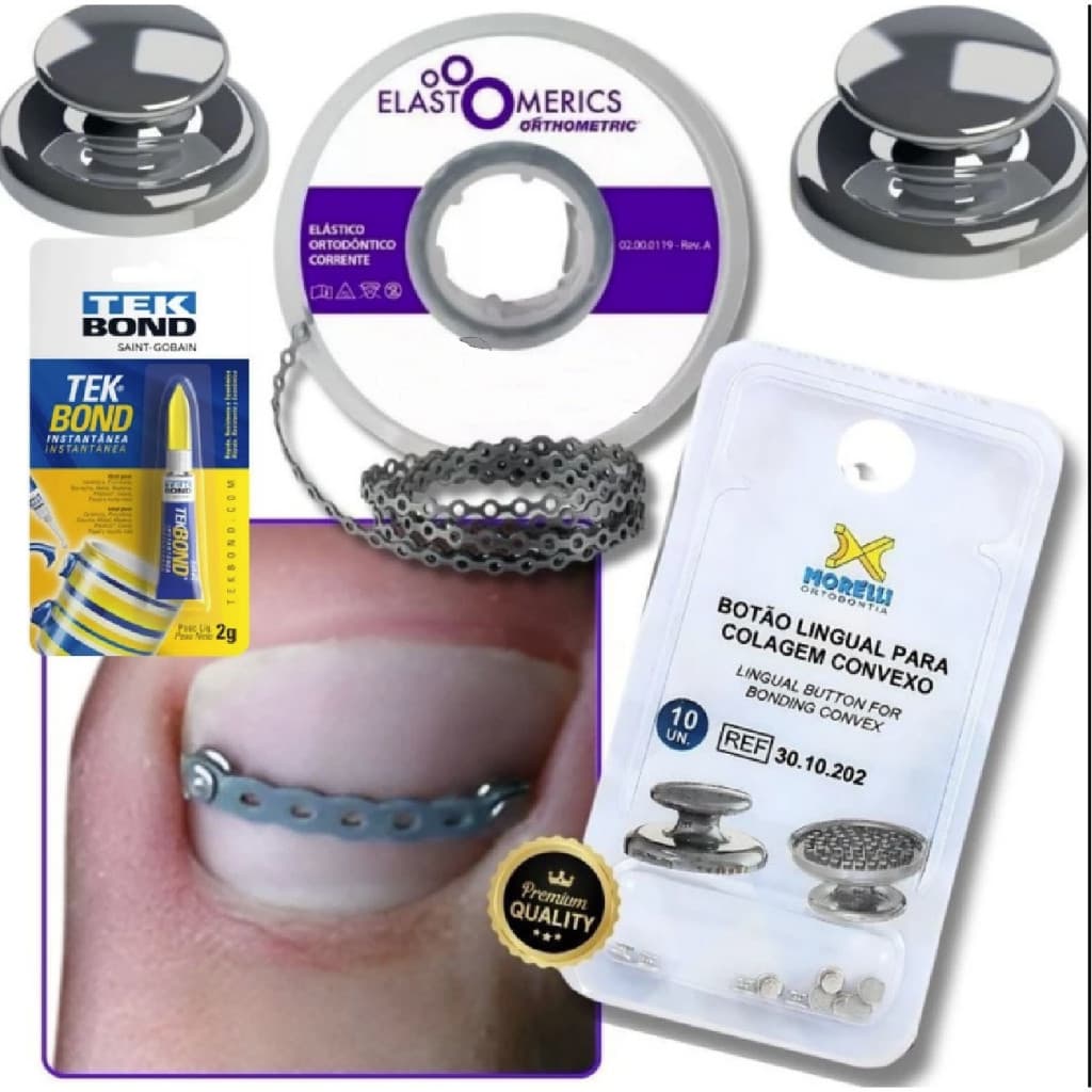 Kit Podologia Completo Botão METAL + Elástico Corrente 30cm PRATA + Super Cola  Unha  Encravada