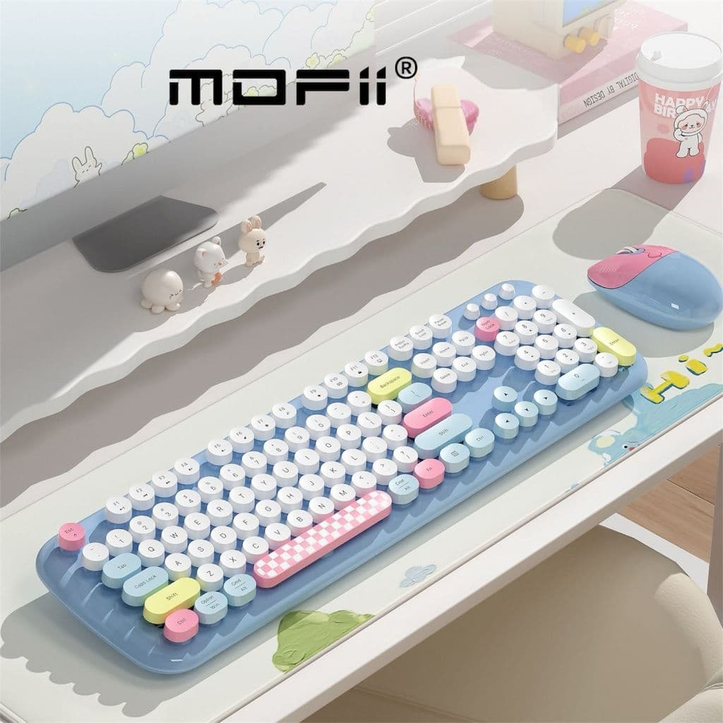 Geezer Teclado e Mouse Portugues Sem Fio Gatinho 2.4G Wireless  Urso Fofo Azul