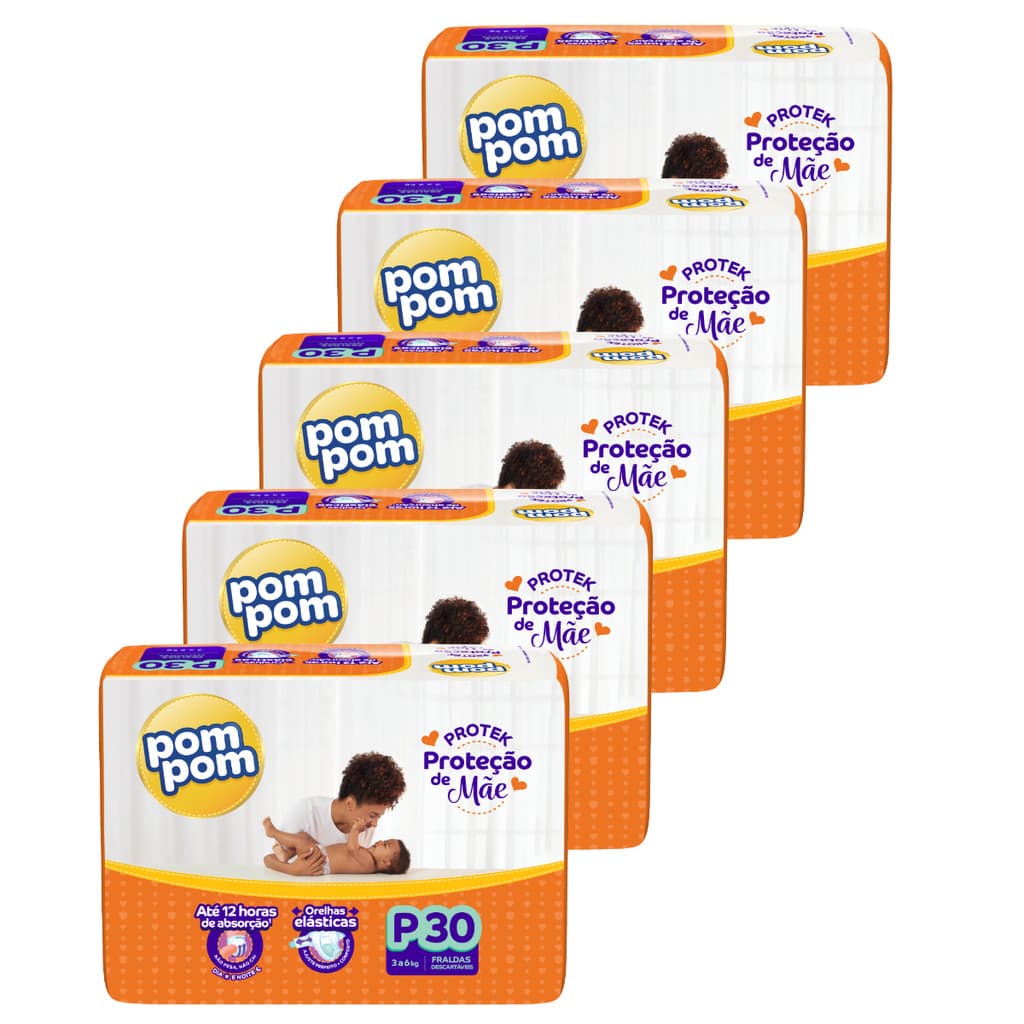 Kit 5 Pacotes Fraldas Descartável Infantil Pom Pom Protek