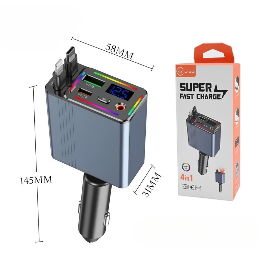 Carregador Veicular 4 em 1 Super Rápido — USB + Tipo-C + Cabos Embutidos | Display LED | 36W Fast Charge alex