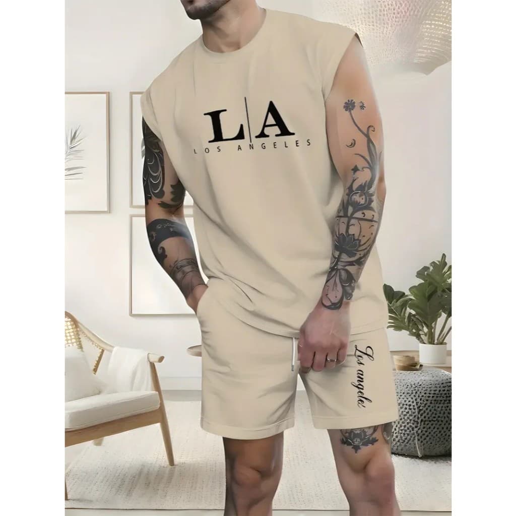 Conjunto Regata Machão Camiseta Camisa Masculina Bermuda Moletom com Bolso Algodão Esporte Casual