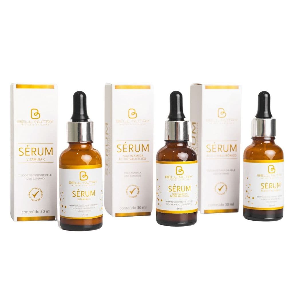 Séruns Faciais BellNutry – 30ml Cada | Hialurônico, Vitamina C + Niacinamida e Ácido Salicílico