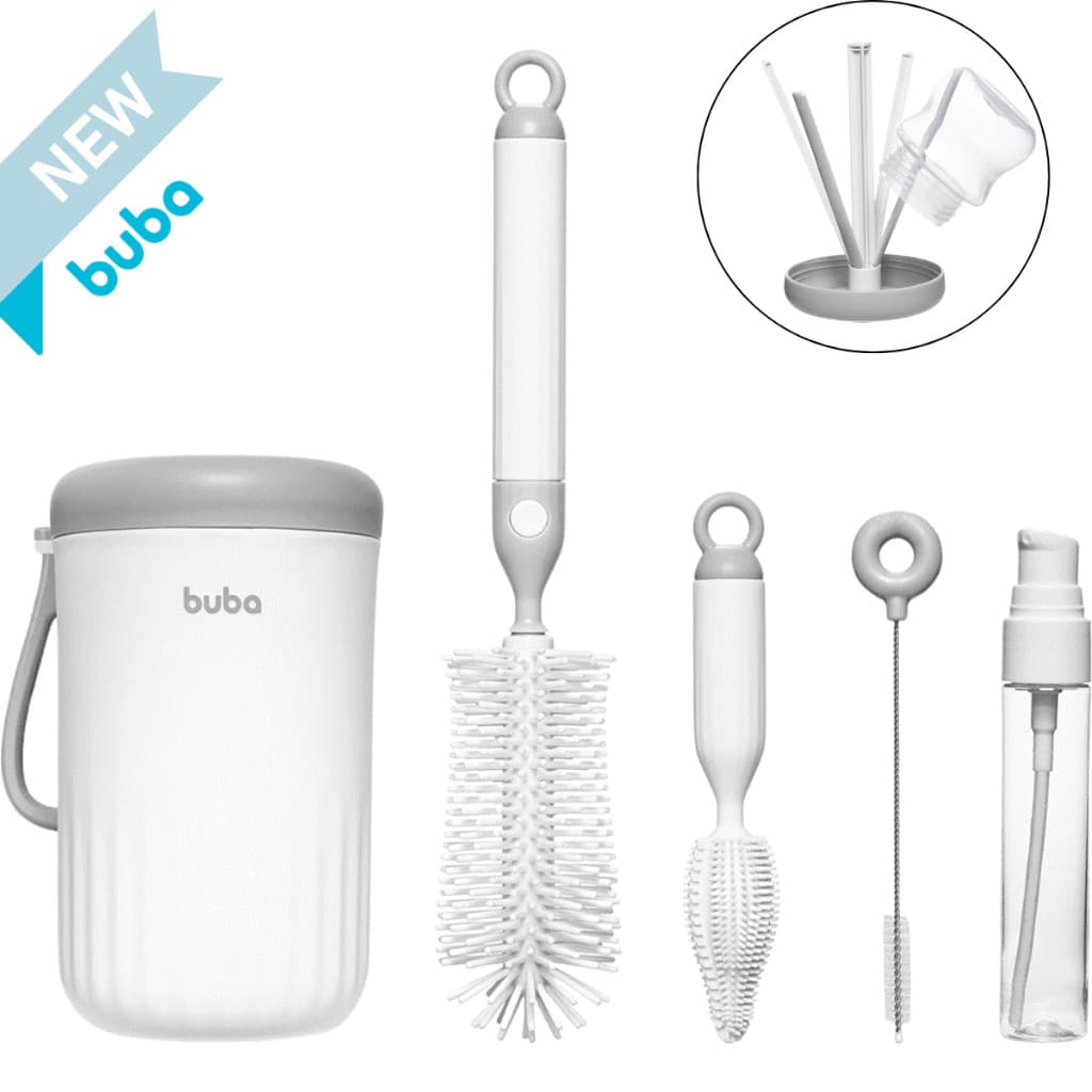 Kit Limpeza Mamadeira com Estojo Bebe 6 em 1 Escovas Escorredor Spray Viagem Buba Portátil