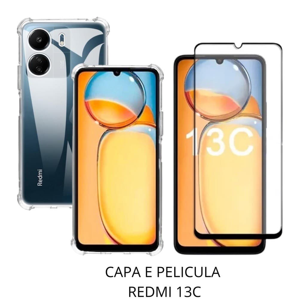 Kit Capa Anti Impacto Transparente + Película 3D P/ Redmi 13C