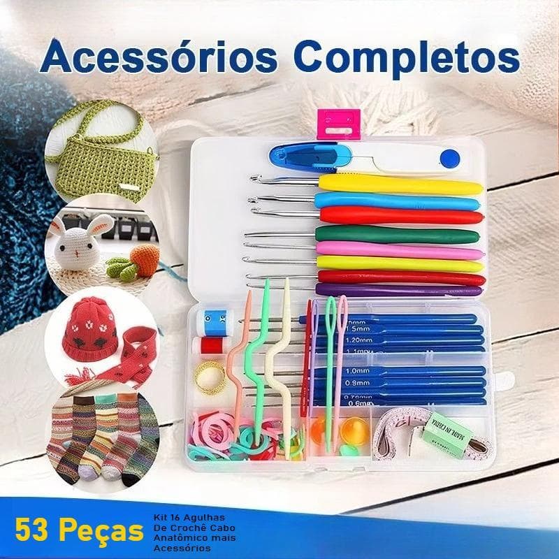 53 Peças KIT CROCHÊ COMPLETO FERRAMENTAS AGULHAS, TESOURA 