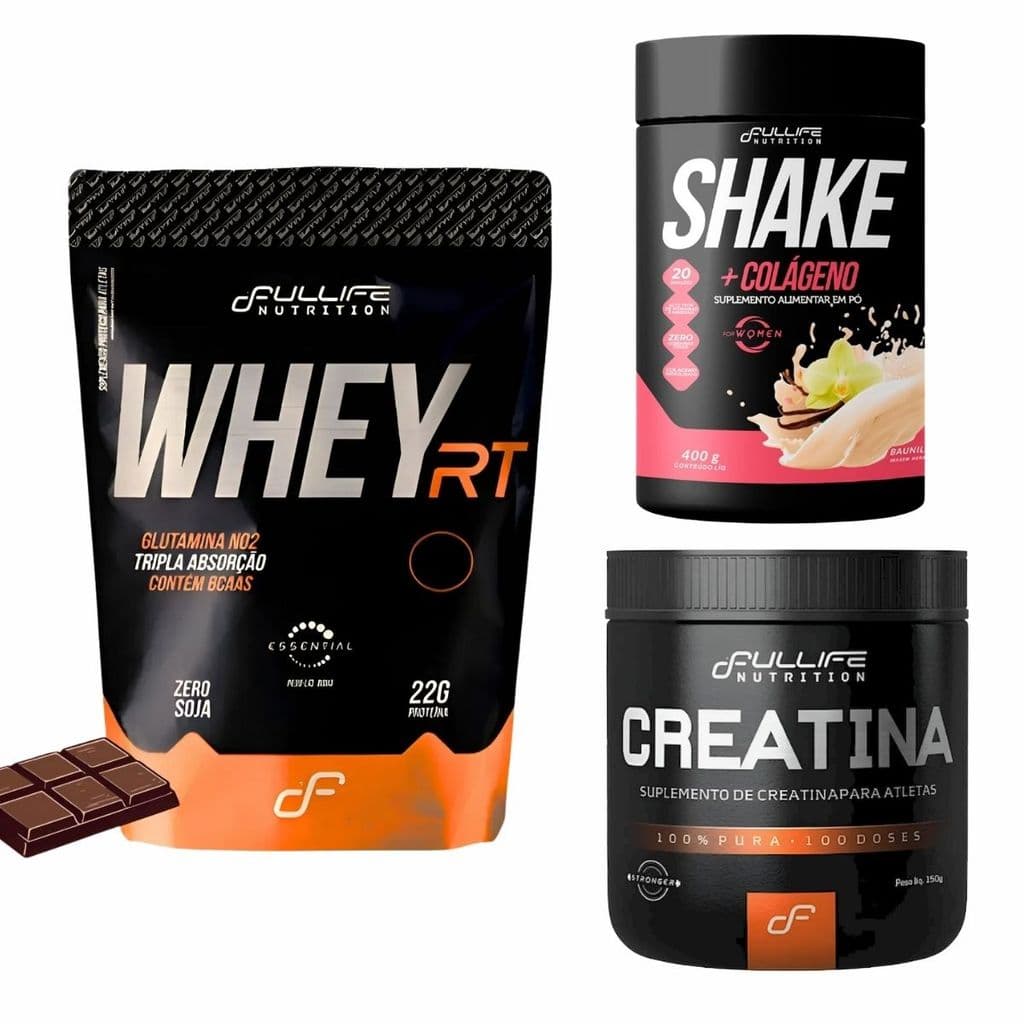 Kit Whey Protein 1,8kg Chocolate + Creatina 100% Pura + Shake Baunilha | Fullife