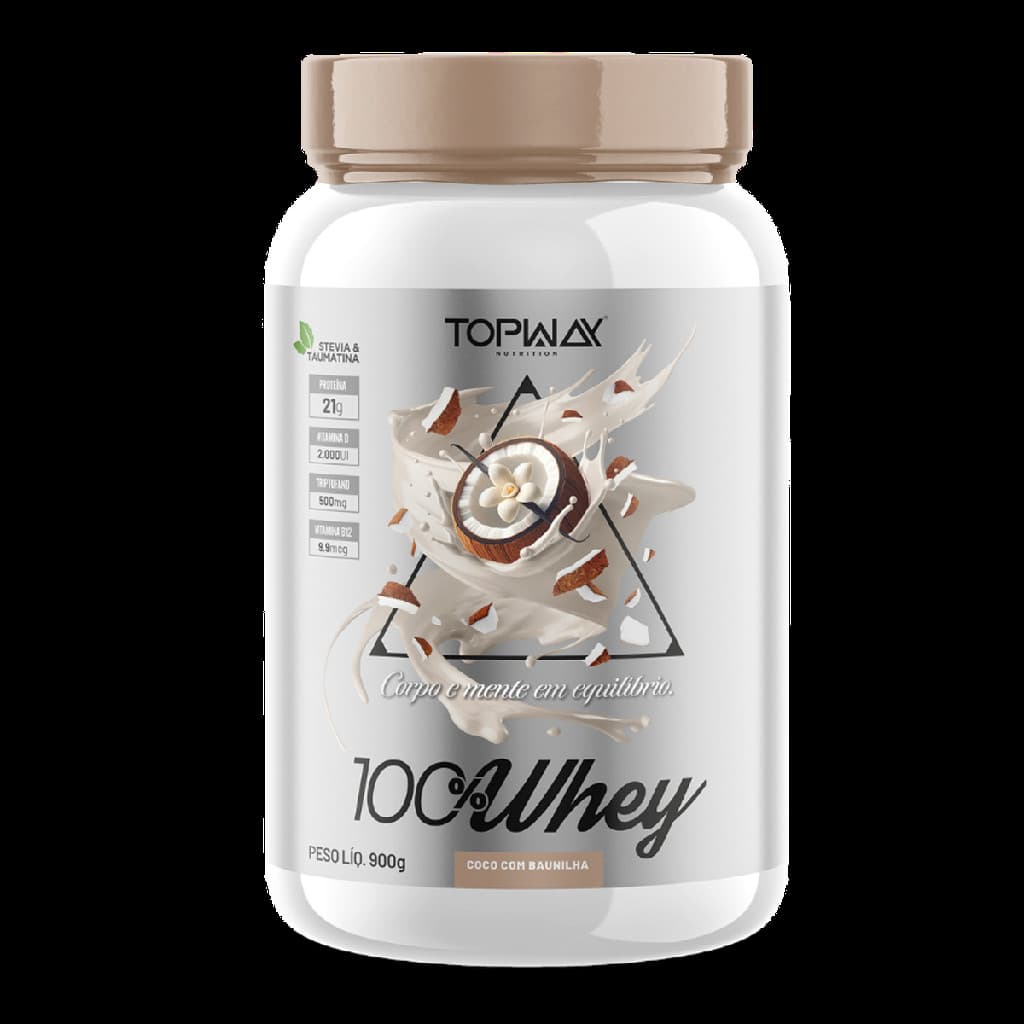 Suplemento whey protein 100% concentrado sabor coco com baunilha pote 900g topway com vitamina D e B12