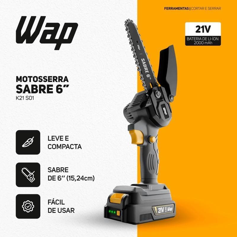 Motoserra Elétrica Portátil WAP Motoserra Sabre 6" K21 S01 Corte de 10cm Para Jardinagem 21V