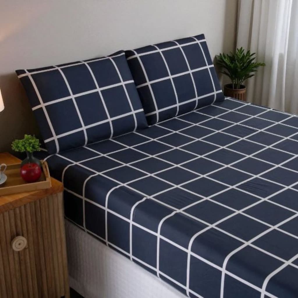 Jogo de Lençol Grid Xadrez 03 Peças Micropercal 400 Fios Cama Casal Queen