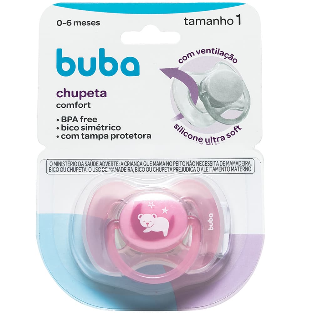 Chupeta Buba Ursinho Rosa Comfort  Com Tampa Protetora Tam.1