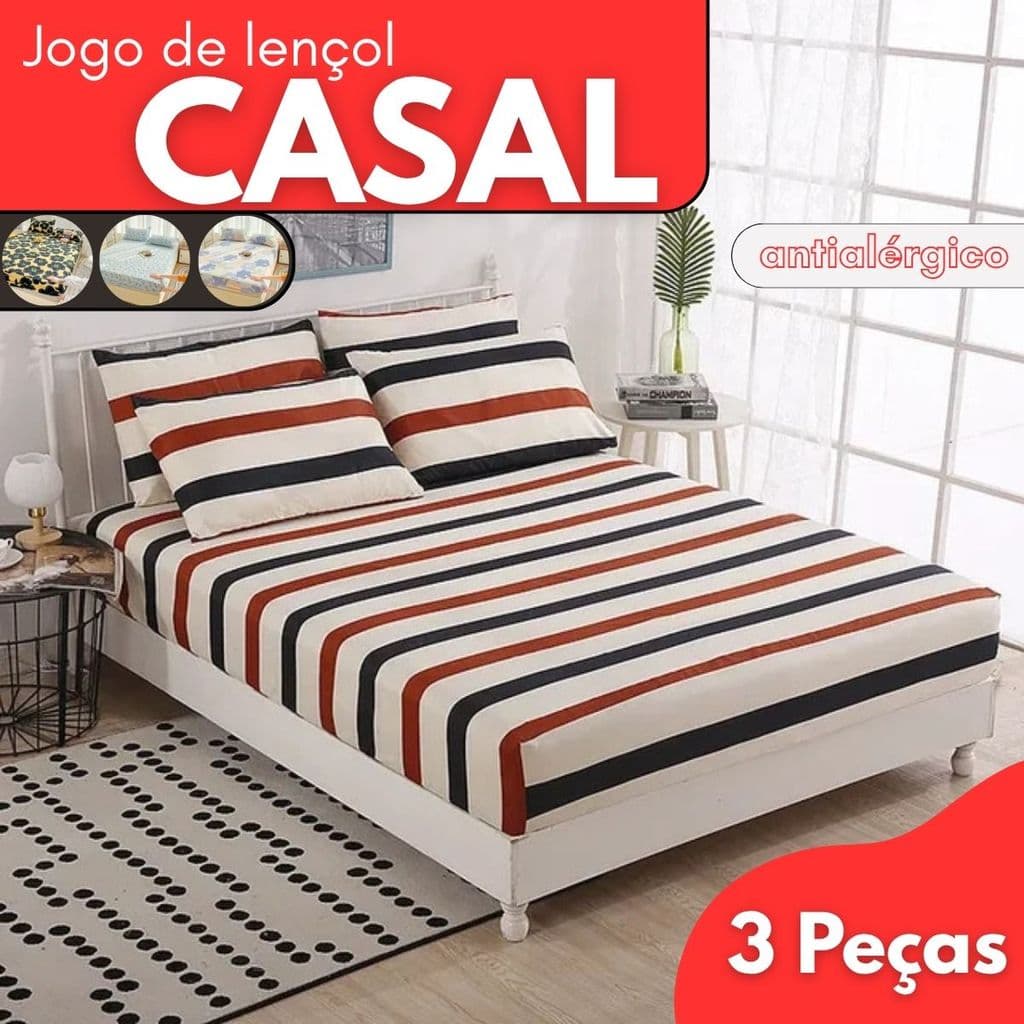 Jogo de Lençol Casal Padrão Estampado Antialérgico 3 Peças Microfibra - Estampas Sortidas Cama Kit