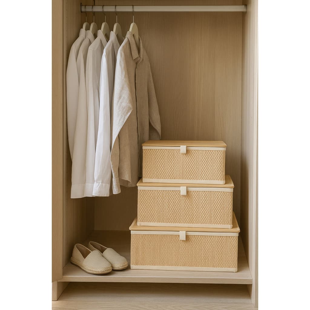 3 Caixa Cesto Com Tampa Multiuso Organizador Premium Decoração Para Quarto Sala Banheiro Cestos Bambu Tamanho P M G