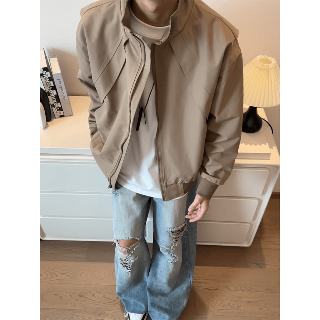 Cáqui desconstrução costura jaqueta curta masculina outono estilo americano gola alta jaqueta Bomber ao ar livre jaqueta