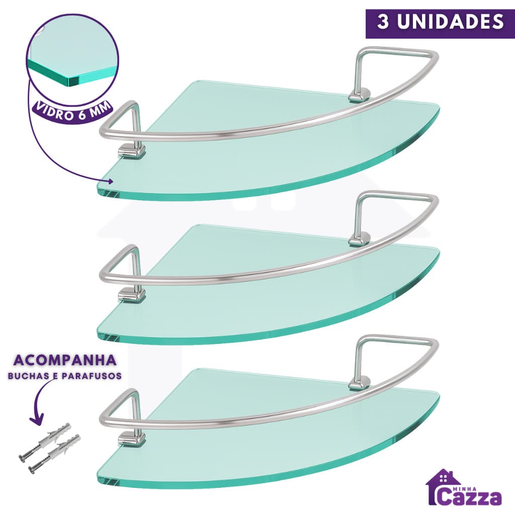 Kit 3 Prateleira Porta Shampoo Banheiro Alumínio Vidro Canto Antiferrugem Suporte Parede Organizador