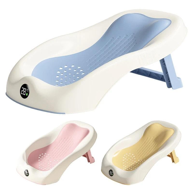 Banheira para Bebês Recém-Nascidos com Sensor de Temperatura, Tapete Antiderrapante para Bebês, Suporte Dobrável para Ba