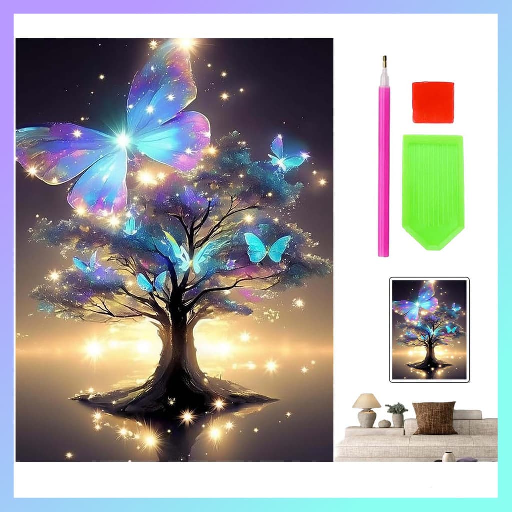 Árvore estrela borboleta 30x40cm, conjunto de pintura diamante, pintura de diamante quadrada 5D, artesanato