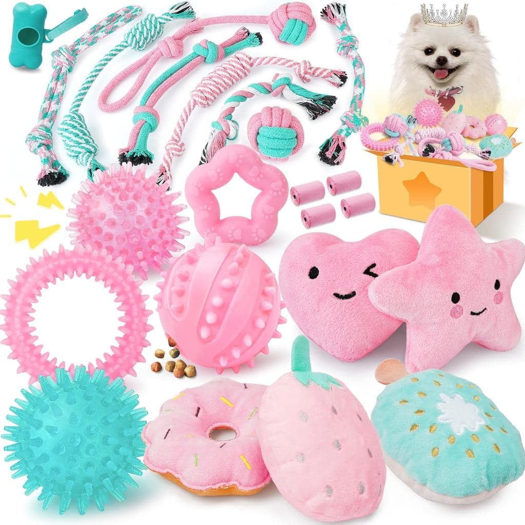 Brinquedos para cachorros XIUGOAL, cor-de-rosa, para combater o tédio – conjunto com 23 brinquedos para morder, ideais p