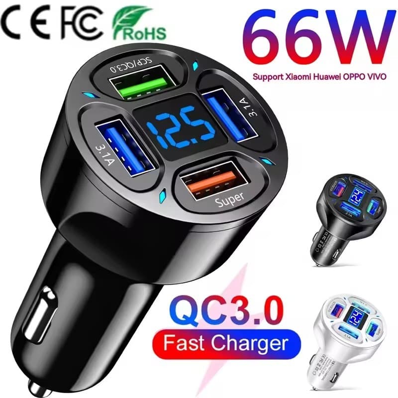 4 Portas 66W Carregador De Carro Carregamento Rápido QC3.0 USB Adaptador De Telefone No Para 15 Celular Inteligente