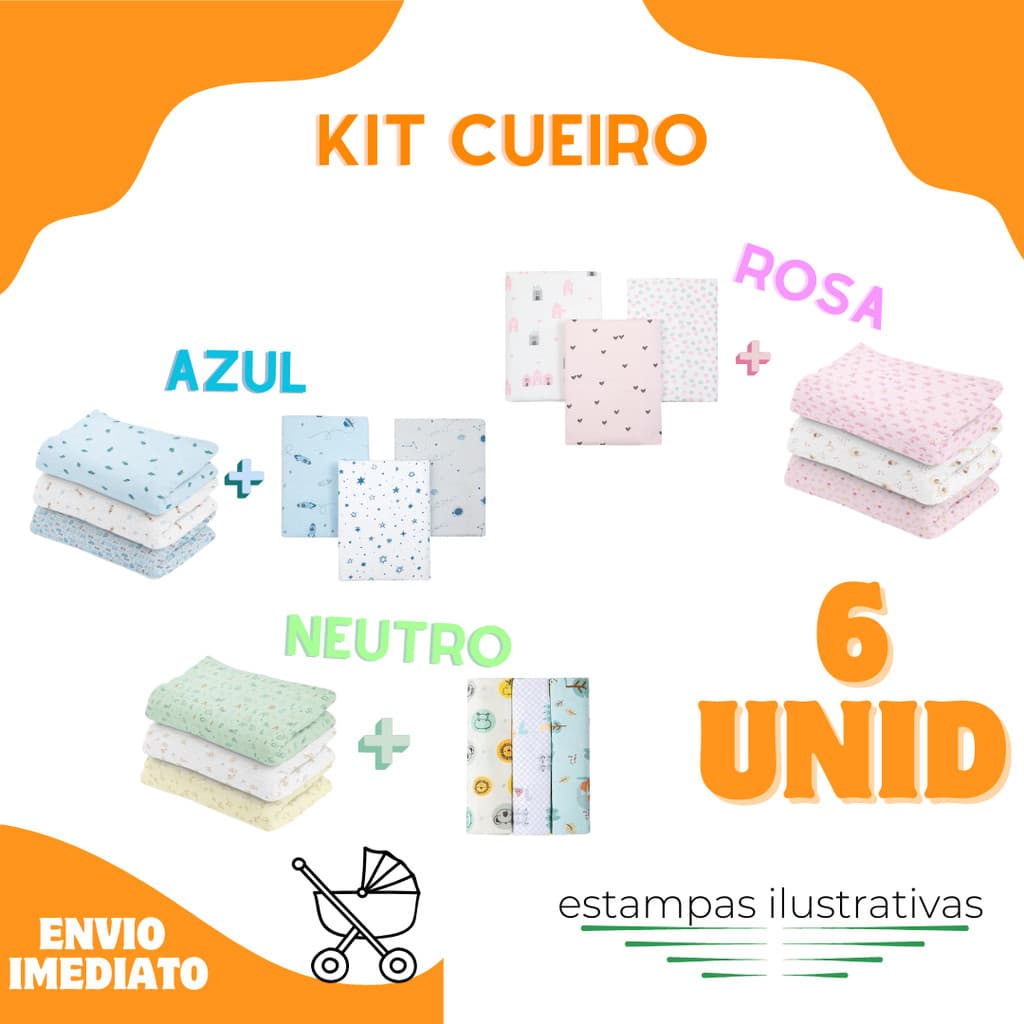 Kit 3 Cueiros Estampados Flanelados 50 x 80 Enxoval Infantil Bebê Menino, Menina e Neutro