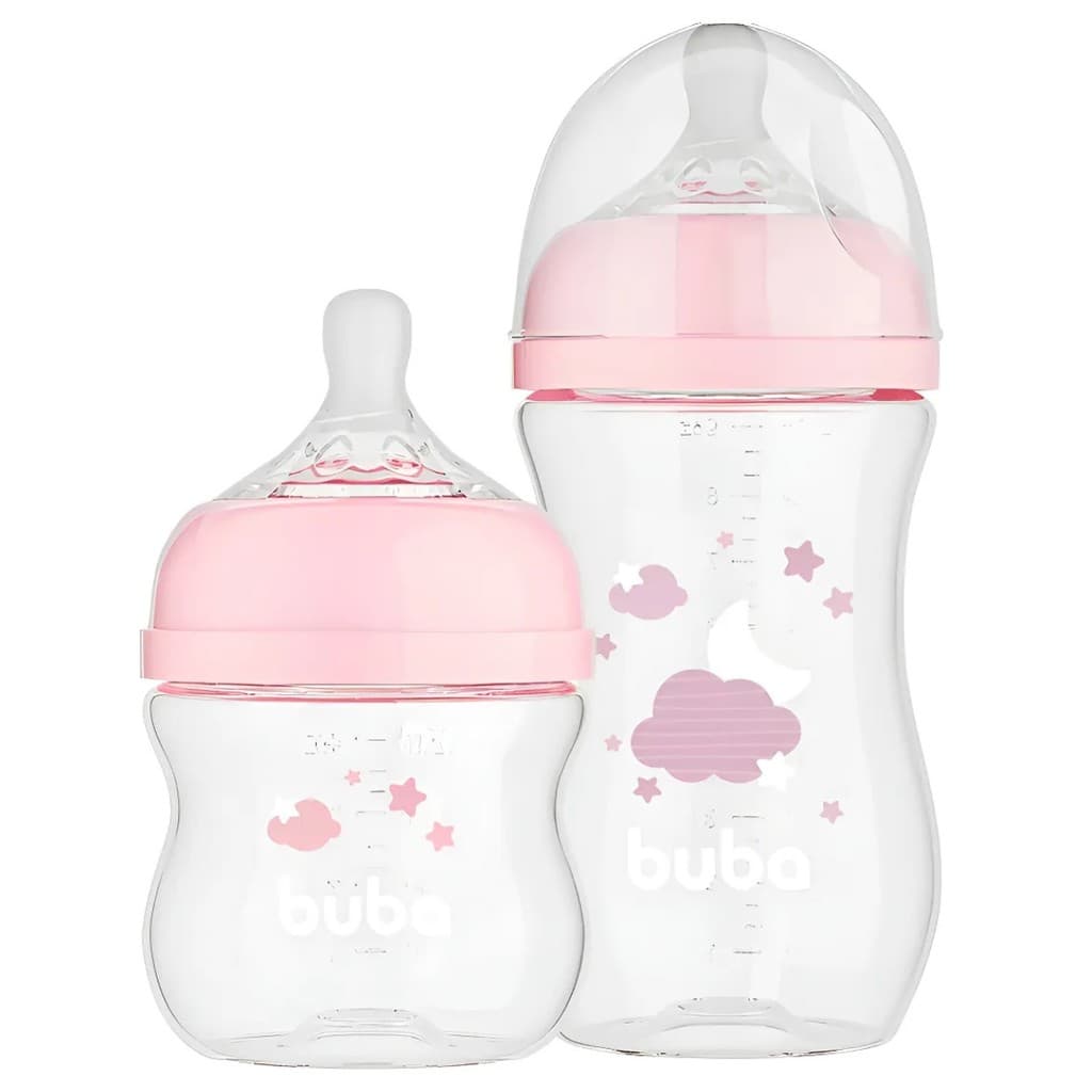 Kit 2 Mamadeira Easy Flow Anticólica Buba 120 270ml Rosa Transparente Nuvens