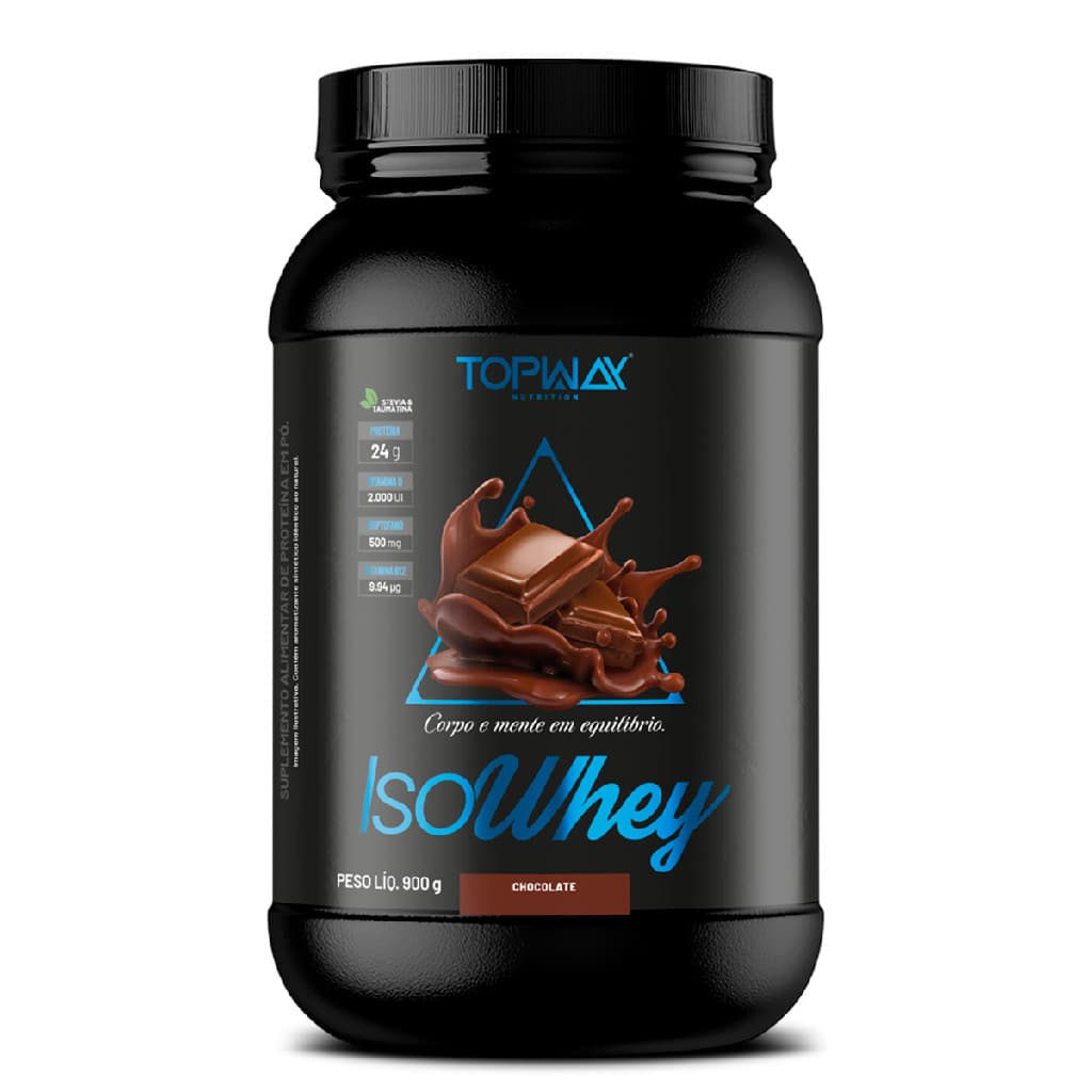 Whey protein isolado pote 900g sabor chocolate topway suplemento alimentar