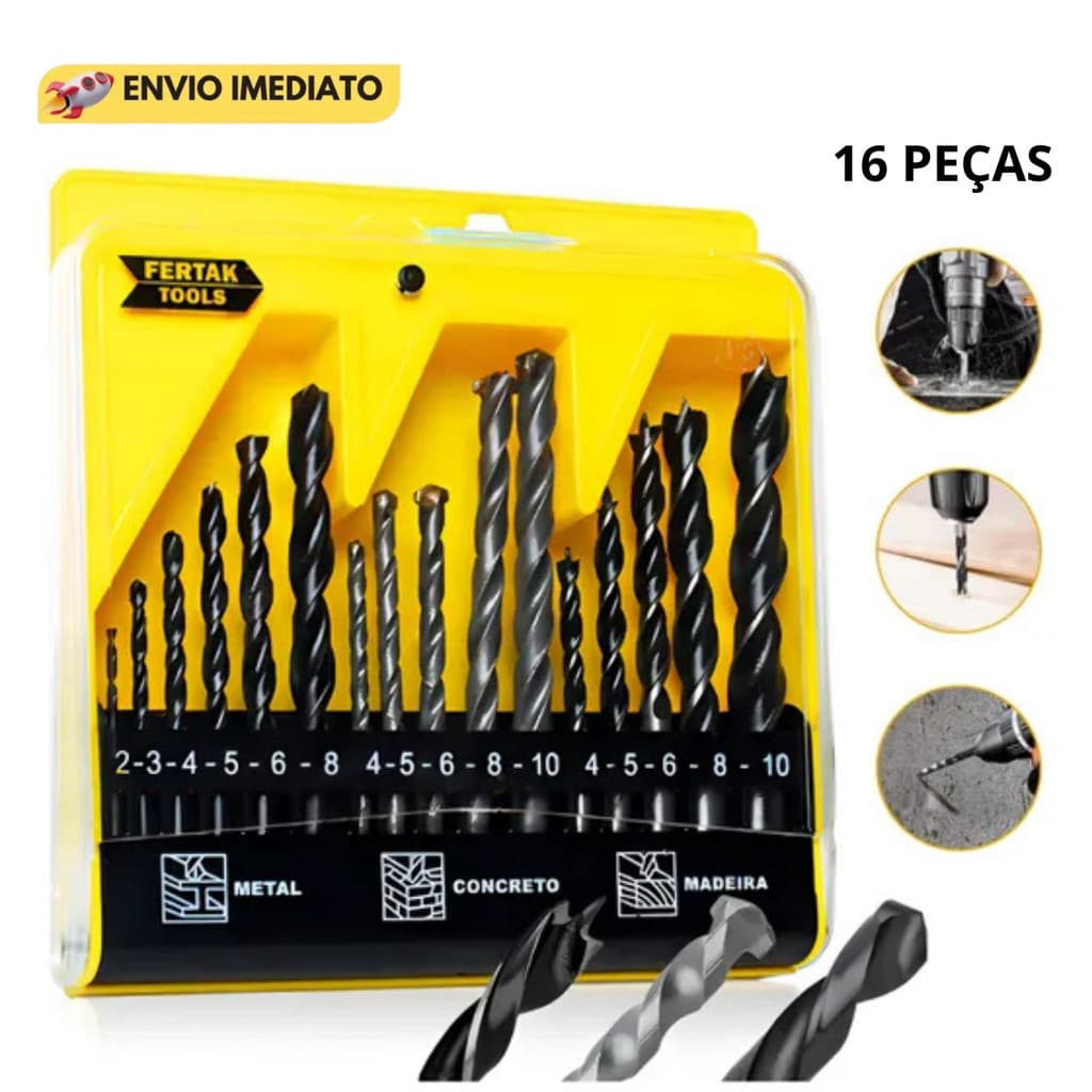 Jogo De Brocas 16 Peças Com Estojo Madeira Ferro Concreto Aço Metal Para Furadeira Parafusadeira