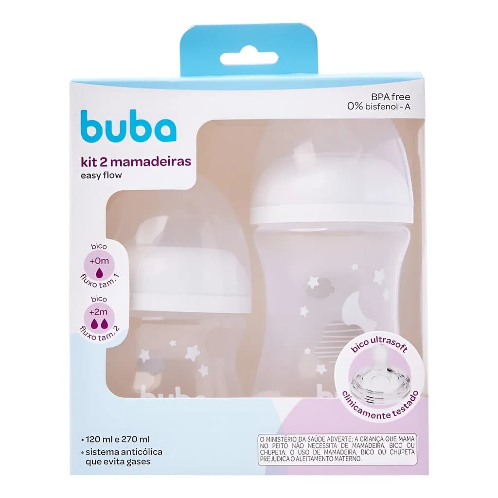 Buba Kit 2 Mamadeiras Easy Flow Nuvem Branca 120ml e 270ml
