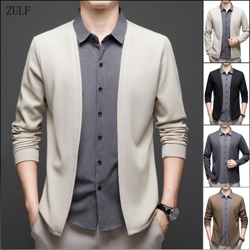 Camisa Masculina Falsa de Duas Peças, Manga Longa, Ajuste Slim, Camisas Masculinas, Casual, Negócios, Gola com Botão GHL