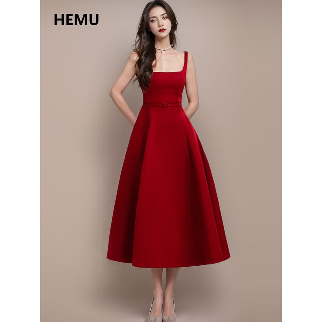 Vestido estilingue vermelho feminino verão vestido de noivado francês vestido longo de cintura estreita vestido de princ