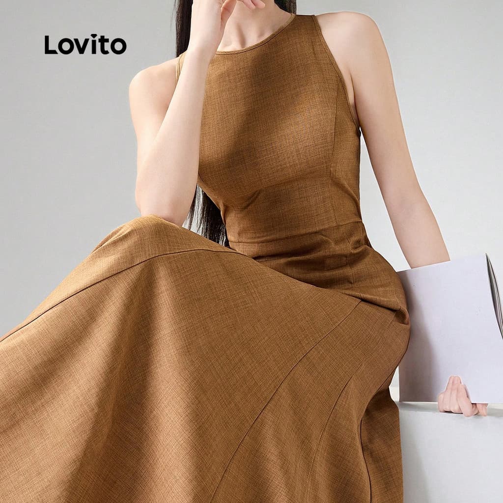 Lovito Elegante Vestido com Zíper para Primavera/verão Cor Caqui para mulheres L152LD072