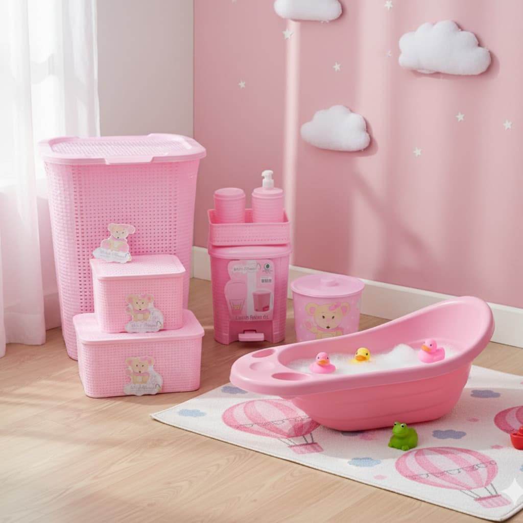 Kit Organizador 7 peças  Quarto Bebê Rattan Cesto Lixeira Caixa Multiuso banheira rosa Menina - Monte Libano