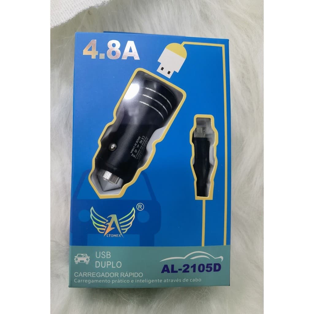 Carregador Veicular 4.8A com Cabo Micro USB V8 de 1M e 2 Entradas Usb Compativel todos Smartphones