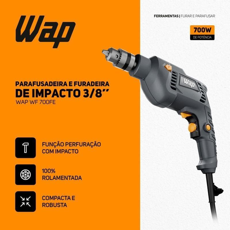 Parafusadeira e Furadeira WAP WF 700FE com Impacto Seletor Reverso 700W e Botão Trava 127V