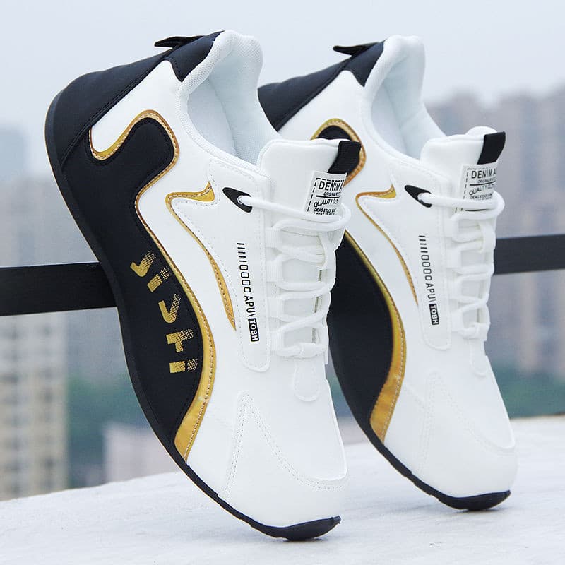 Calçados esportivos impermeáveis de couro, design moderno, sapatos brancos confortáveis, design de aumento interno combi