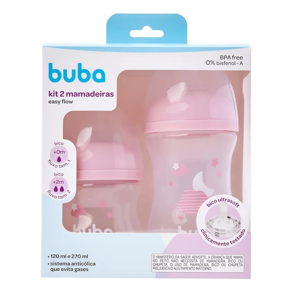 Buba Kit 2 Mamadeiras Easy Flow Nuvem Rosa 120ml e 270ml