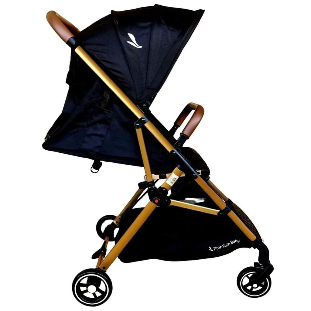 Carrinho Bebê Zurich Preto/Gold Couro Marrom Premium Baby