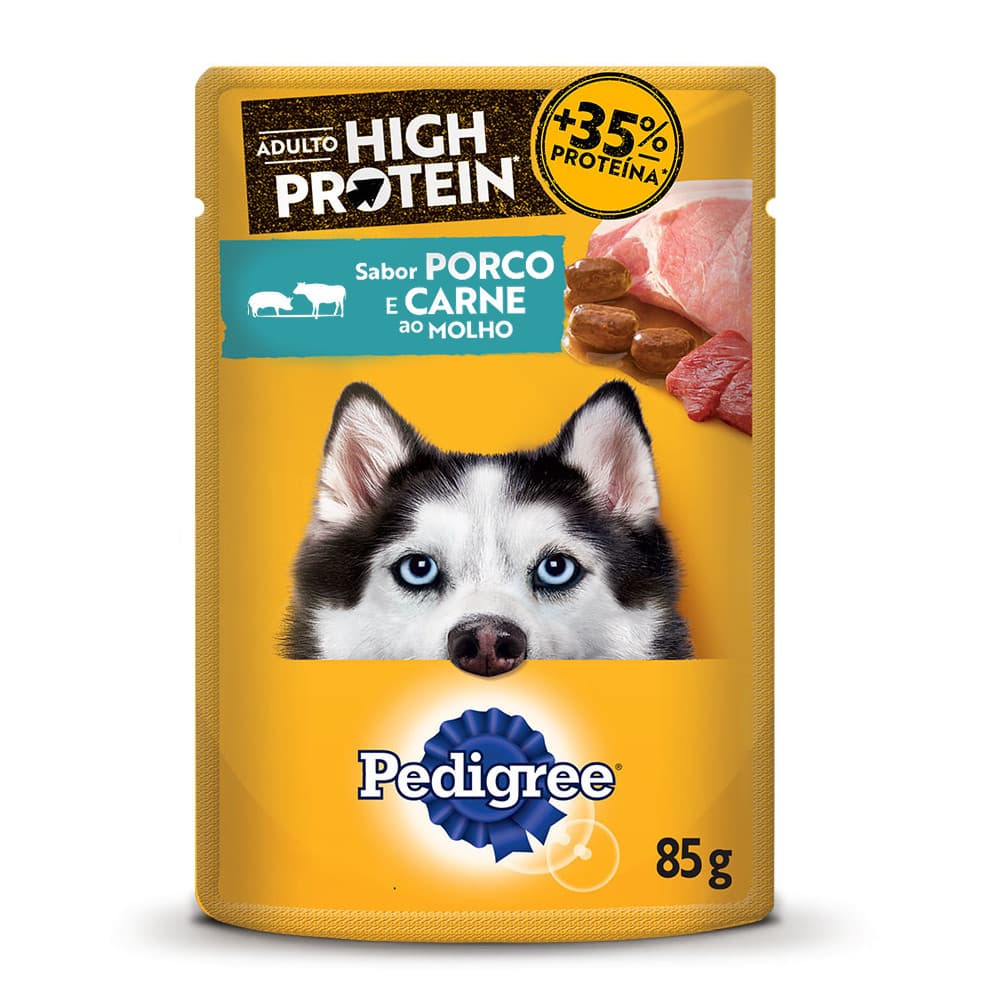 Ração Úmida Sachê High Protein Cães Adultos Porco e Carne Ao Molho 85 g Pedigree