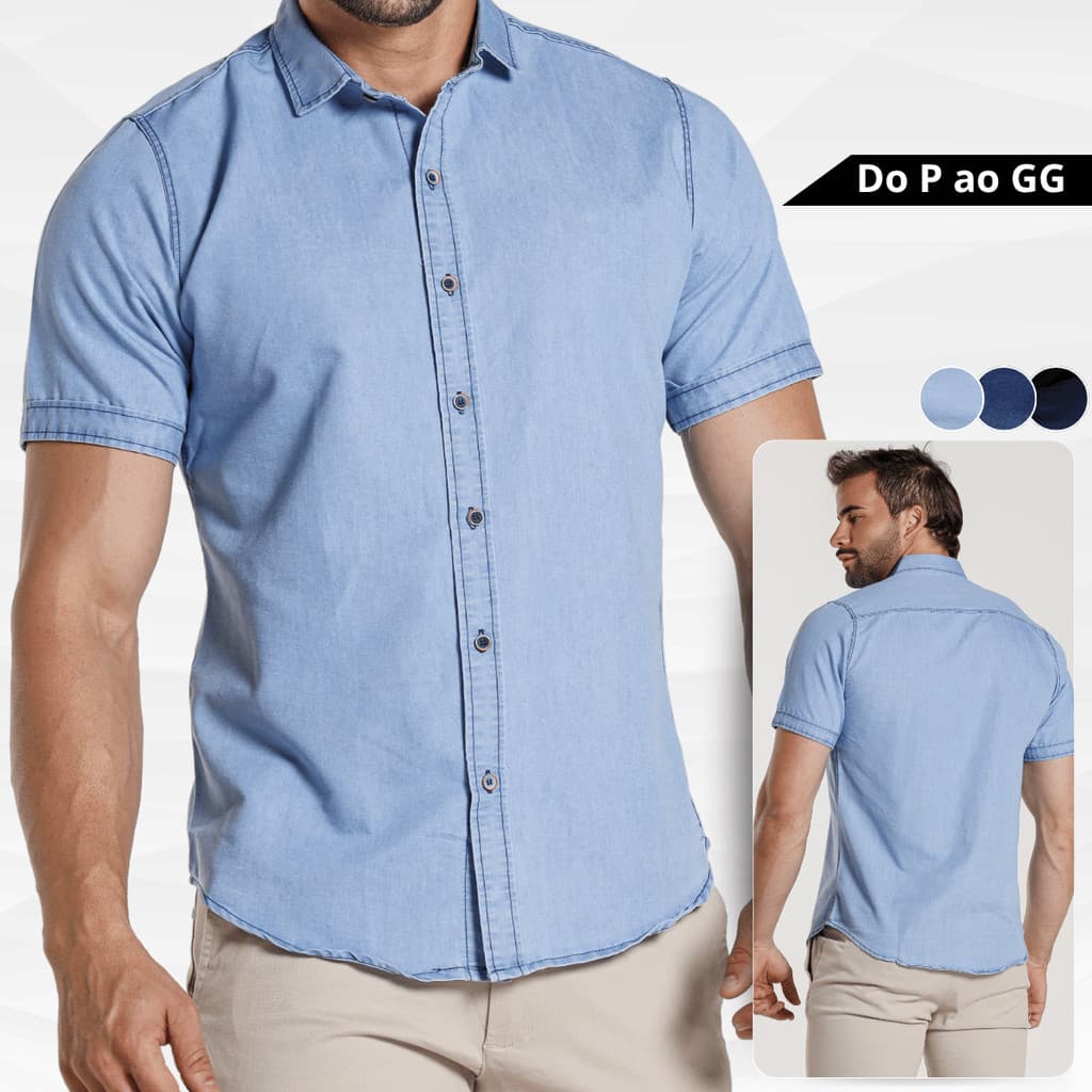 Camisa Masculina Jeans Slim Manga Curta Lisa sem Logo Manga Curta Casual Social